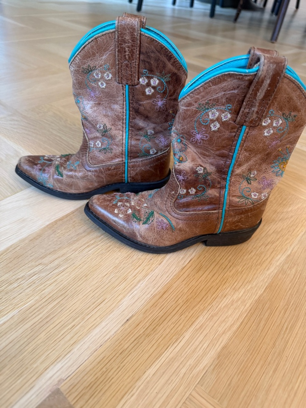 Girls' Brown Embroidered Western Boots with Turquoise Trim